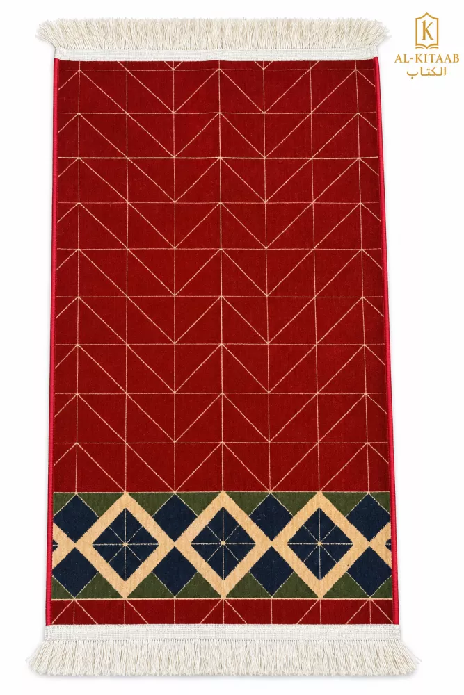 Tapis de prière rouge géométrique à franges